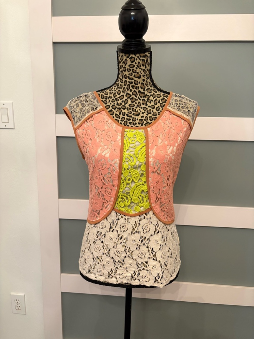 Champagne Lace Layered Tank with Peach and Neon Yellow Accents